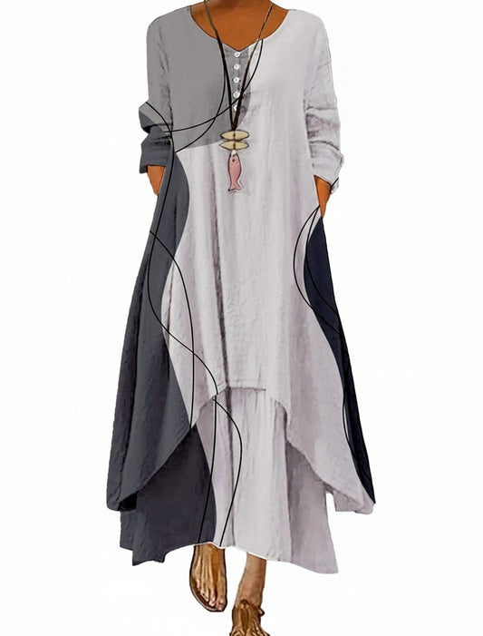 Dames Maxi Jurk met Lange Mouwen, V-hals en Abstracte Print