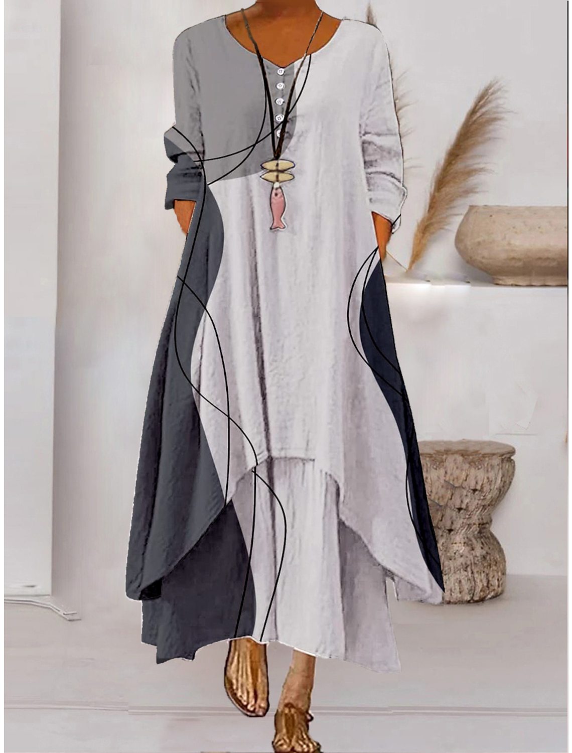 Dames Maxi Jurk met Lange Mouwen, V-hals en Abstracte Print Stijl 1