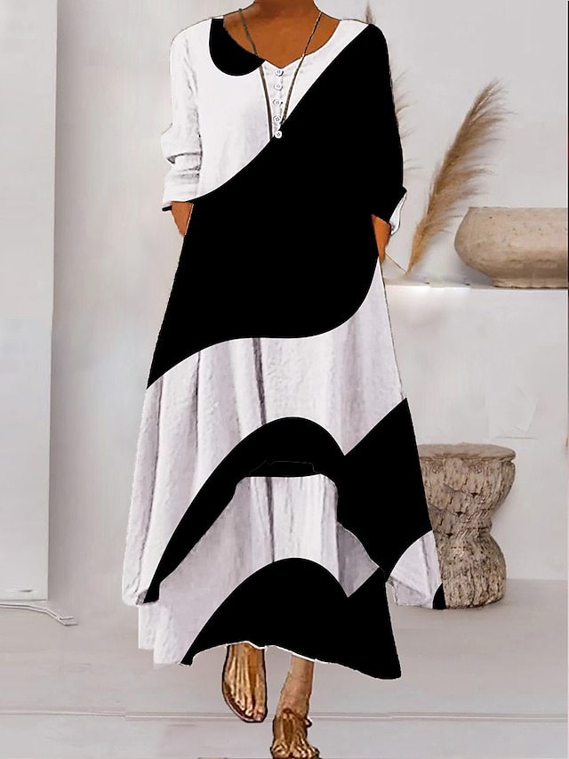 Dames Maxi Jurk met Lange Mouwen, V-hals en Abstracte Print Stijl 2