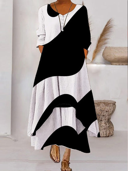 Dames Maxi Jurk met Lange Mouwen, V-hals en Abstracte Print Stijl 2