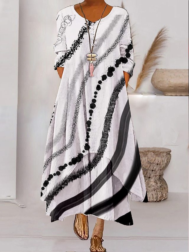 Dames Maxi Jurk met Lange Mouwen, V-hals en Abstracte Print Stijl 3