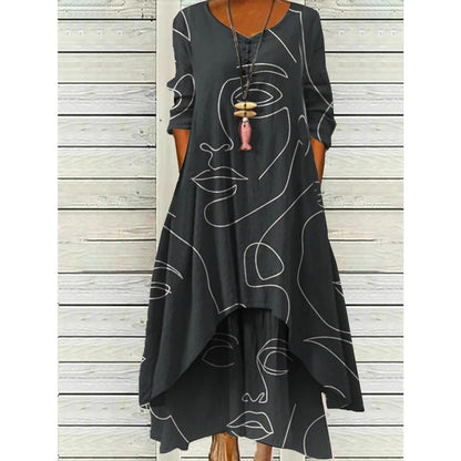 Dames Maxi Jurk met Lange Mouwen, V-hals en Abstracte Print Stijl 5