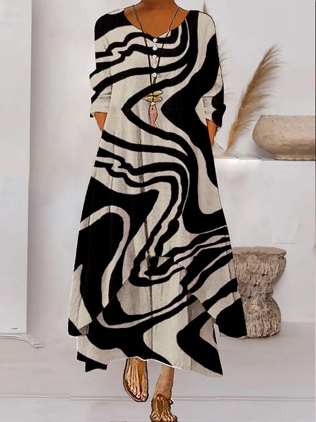 Dames Maxi Jurk met Lange Mouwen, V-hals en Abstracte Print Stijl 6