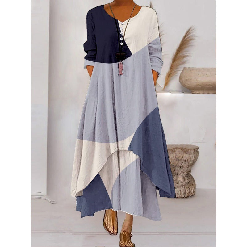 Dames Maxi Jurk met Lange Mouwen, V-hals en Abstracte Print Stijl 7