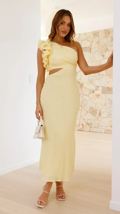 Dames Maxi Jurk met One-Shoulder Rüsche en Zijdelingse Cut-out