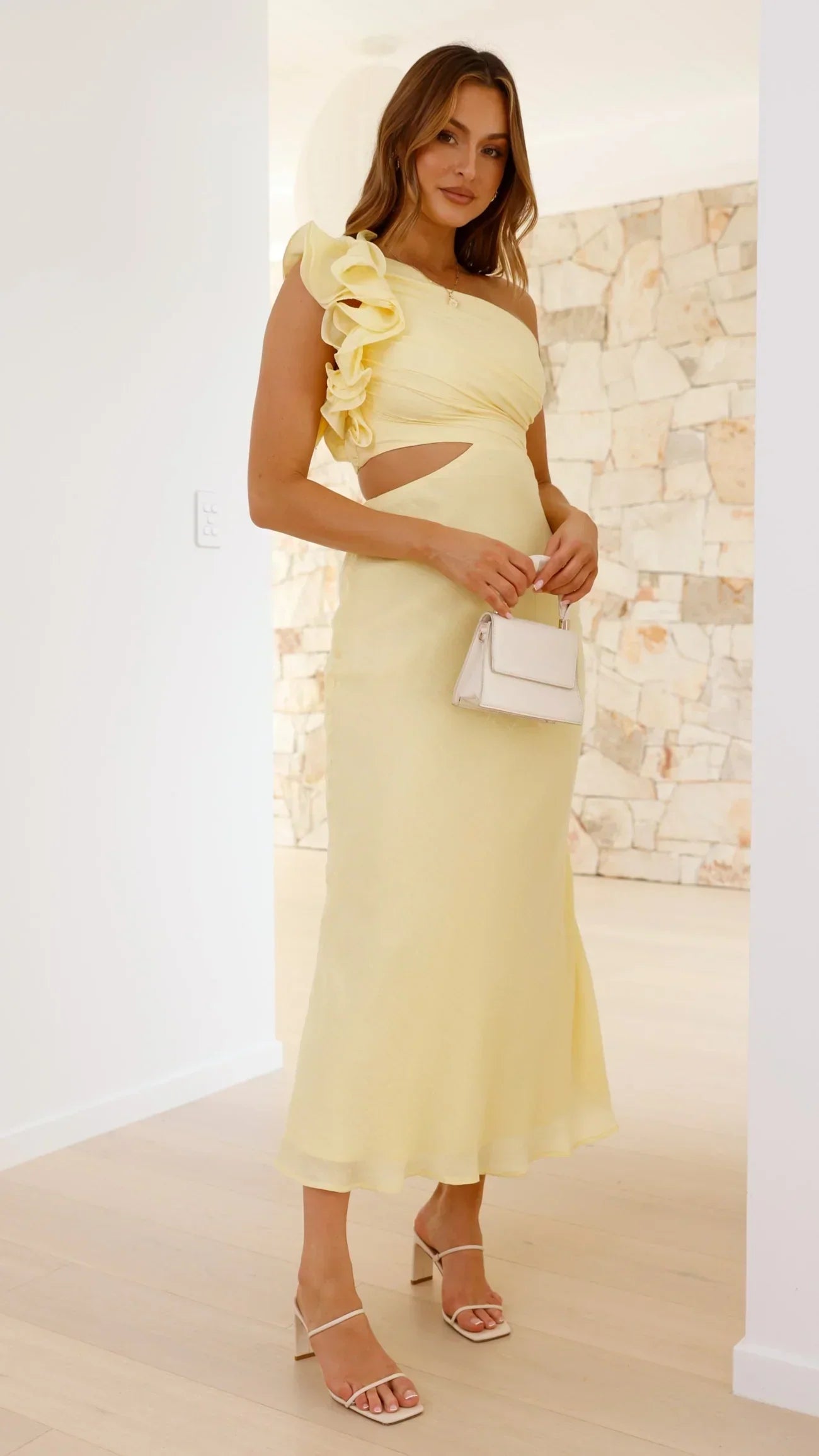 Dames Maxi Jurk met One-Shoulder Rüsche en Zijdelingse Cut-out