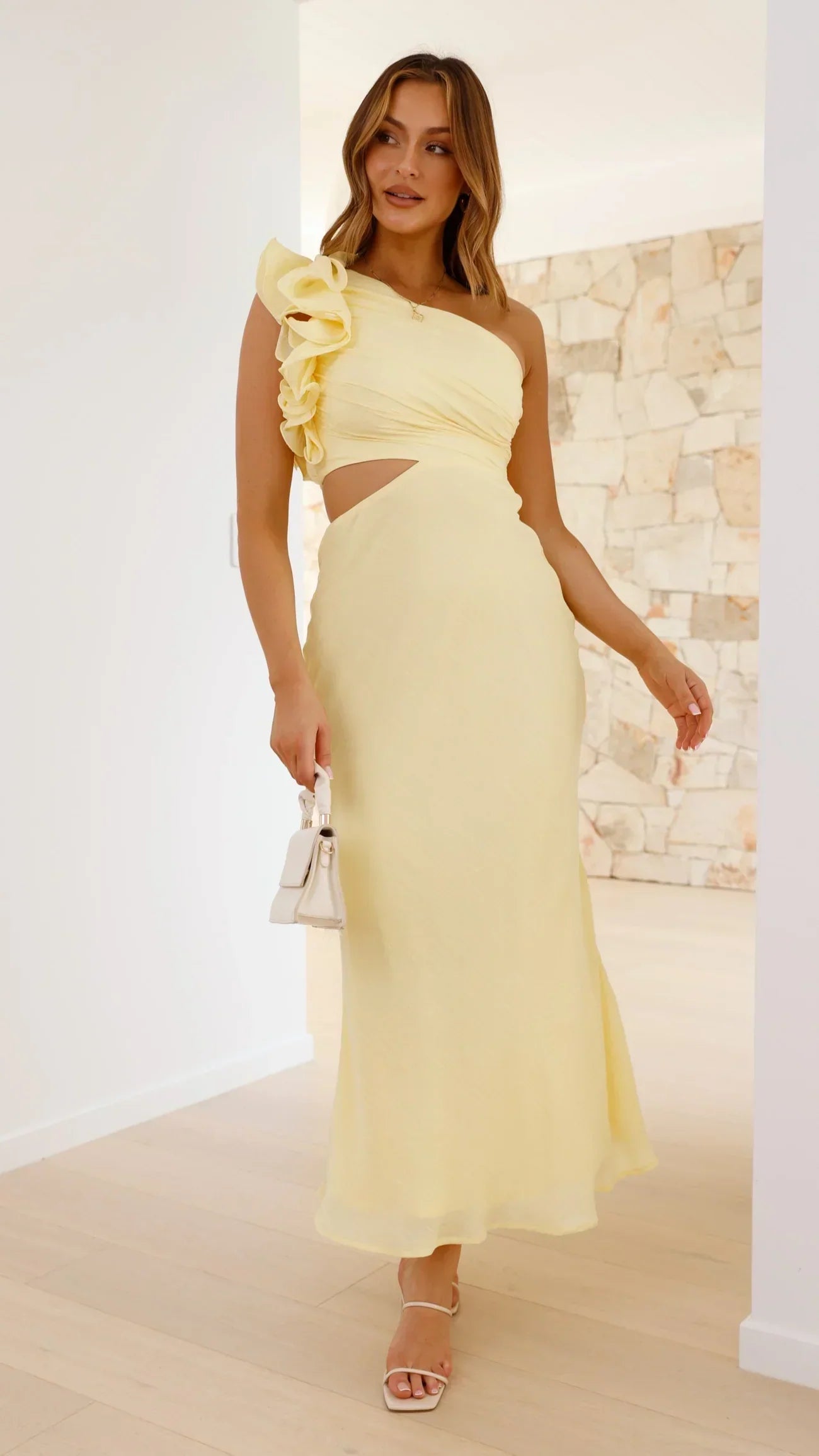 Dames Maxi Jurk met One-Shoulder Rüsche en Zijdelingse Cut-out