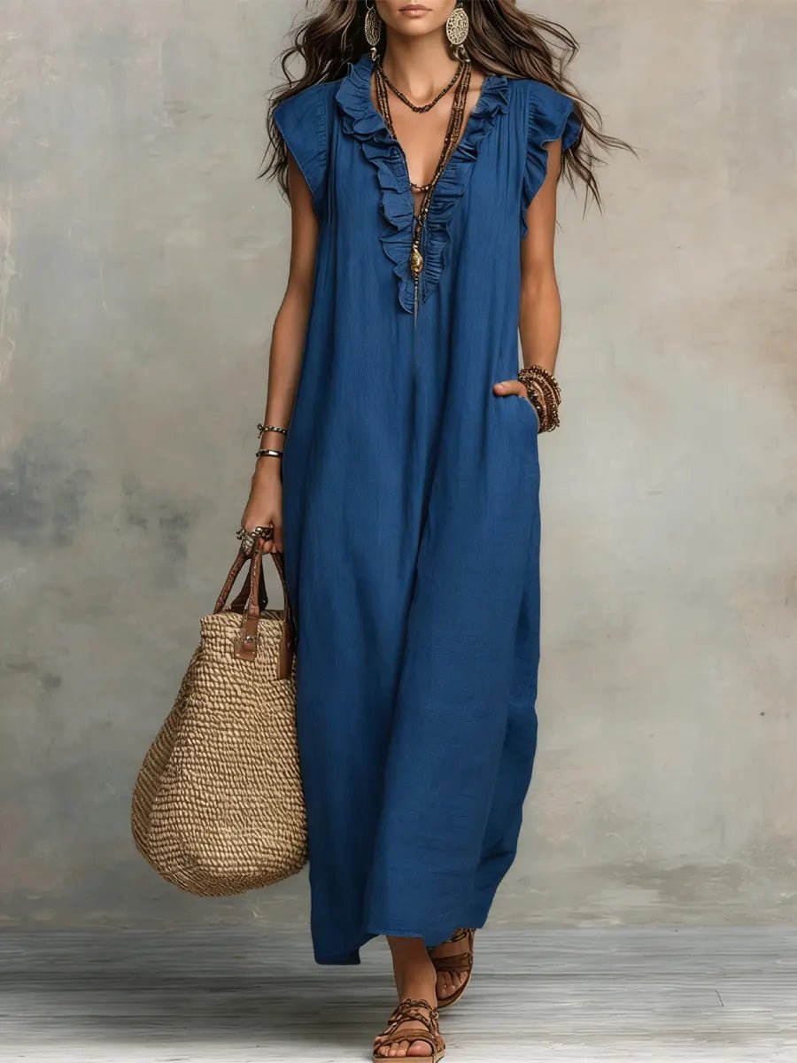 Dames Maxi Jurk met Ruches, Diepe V-hals en Vlindermowen Blauw