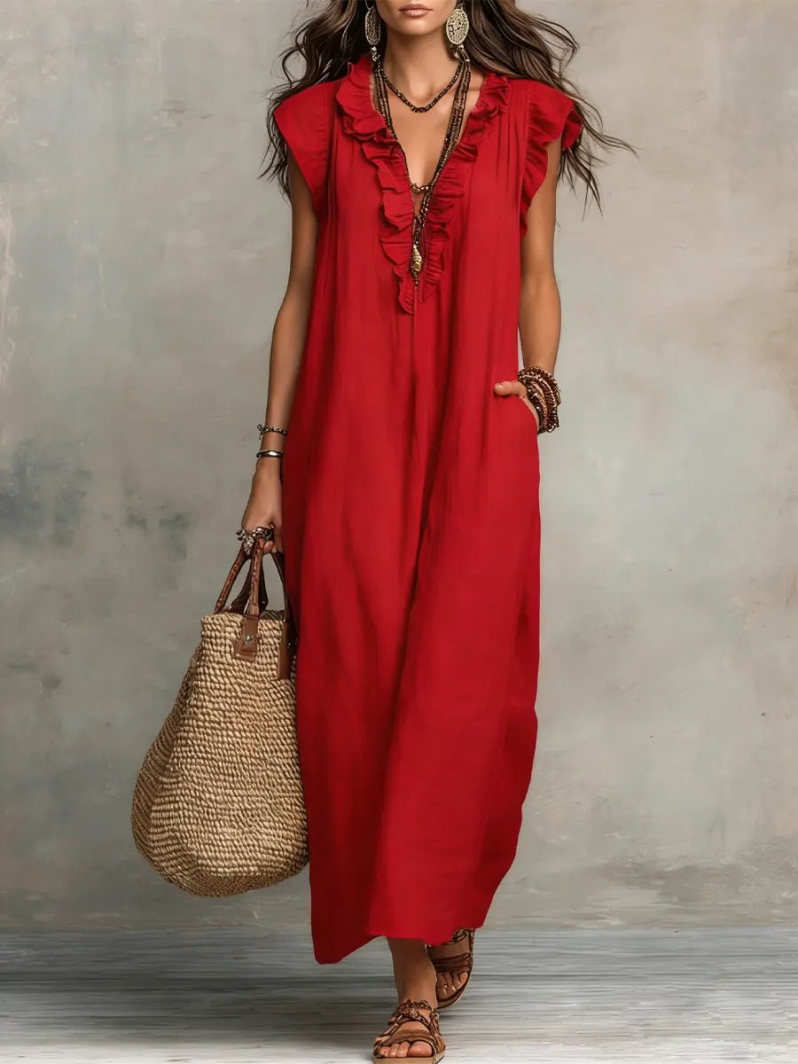 Dames Maxi Jurk met Ruches, Diepe V-hals en Vlindermowen Rood