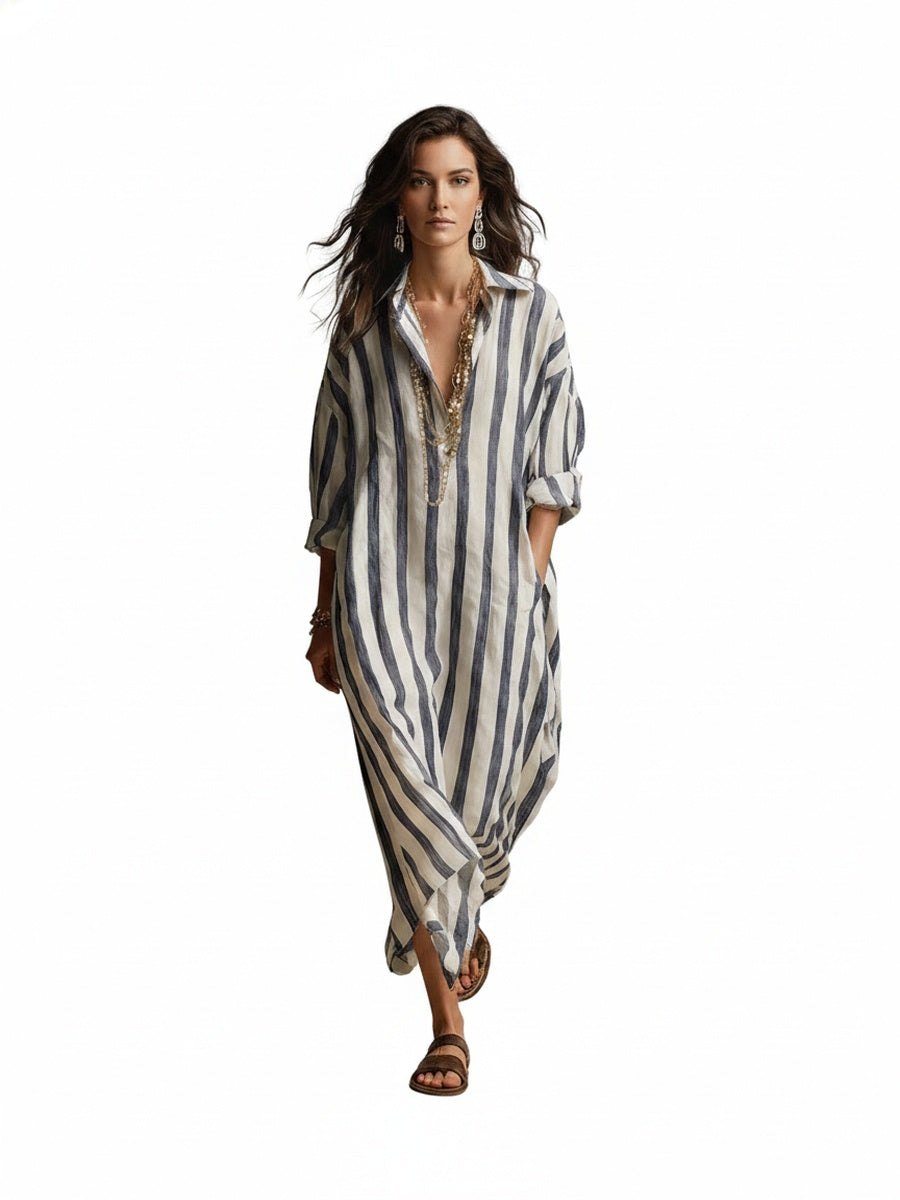 Dames Maxi Jurk met Streepprint, V-hals en Oversized Pasvorm
