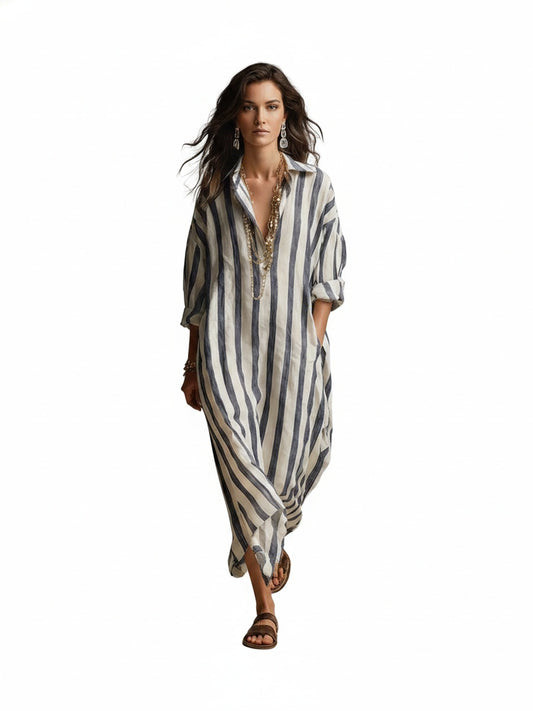 Dames Maxi Jurk met Streepprint, V-hals en Oversized Pasvorm
