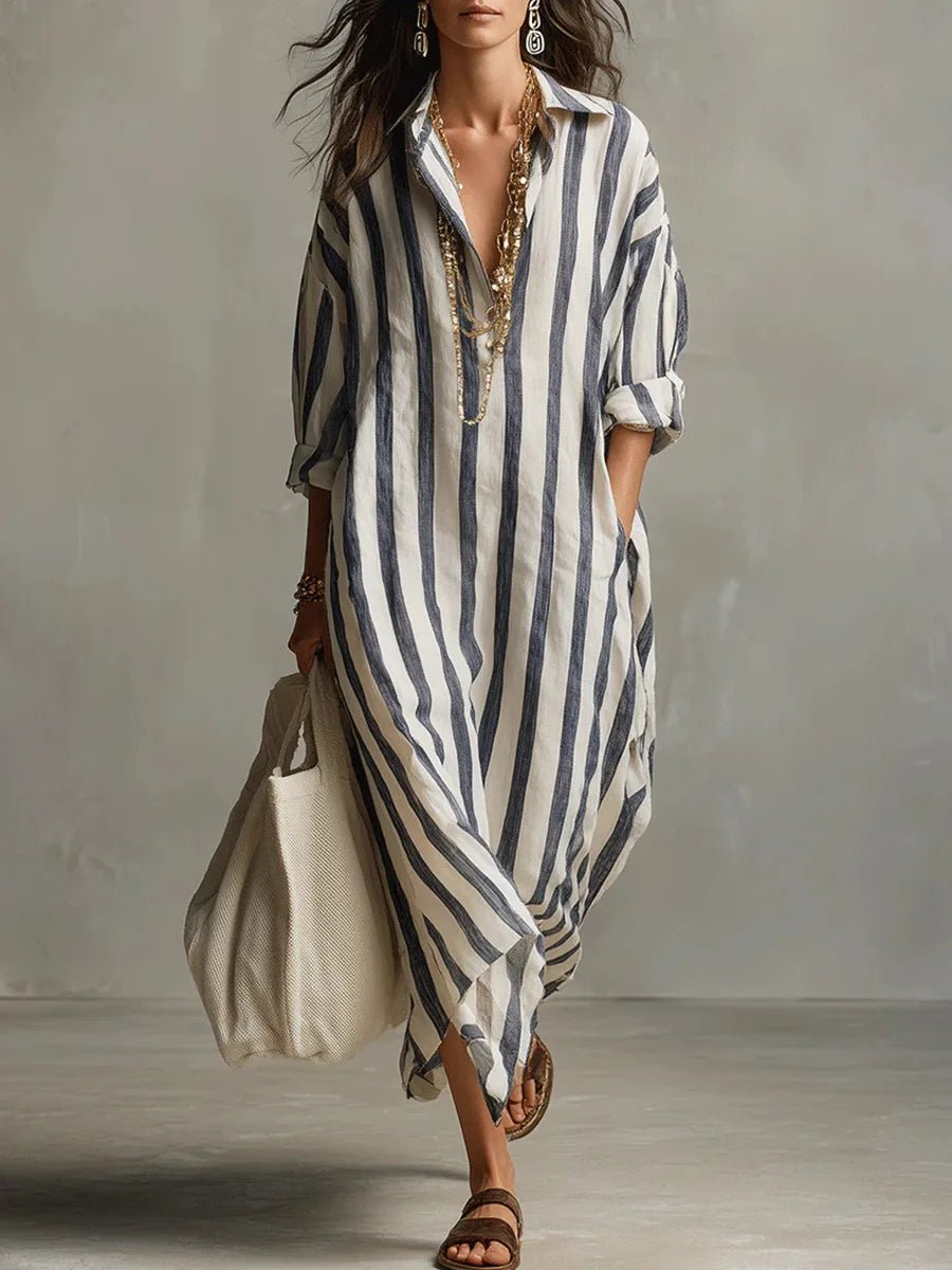 Dames Maxi Jurk met Streepprint, V-hals en Oversized Pasvorm Blauw
