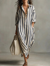 Dames Maxi Jurk met Streepprint, V-hals en Oversized Pasvorm