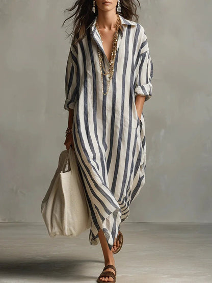 Dames Maxi Jurk met Streepprint, V-hals en Oversized Pasvorm Blauw