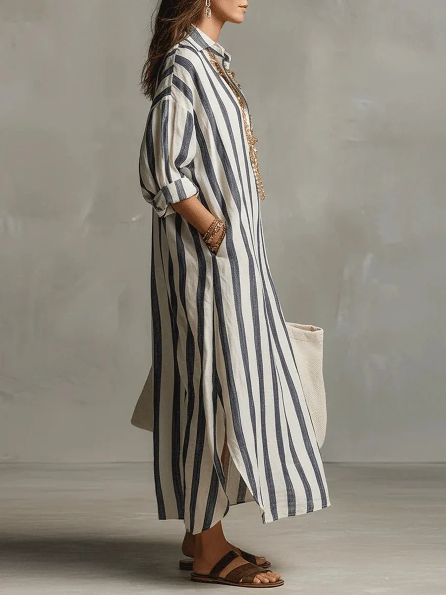 Dames Maxi Jurk met Streepprint, V-hals en Oversized Pasvorm