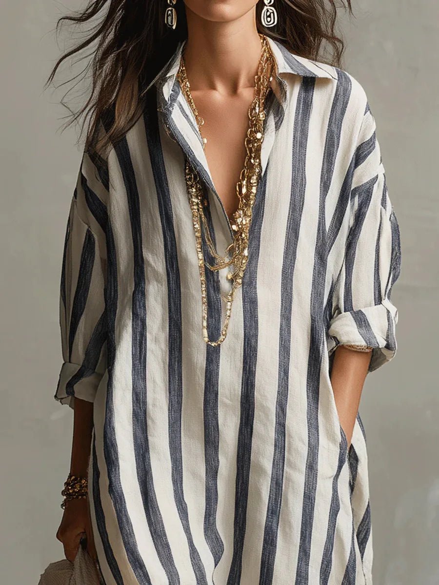 Dames Maxi Jurk met Streepprint, V-hals en Oversized Pasvorm