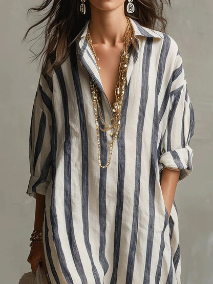 Dames Maxi Jurk met Streepprint, V-hals en Oversized Pasvorm