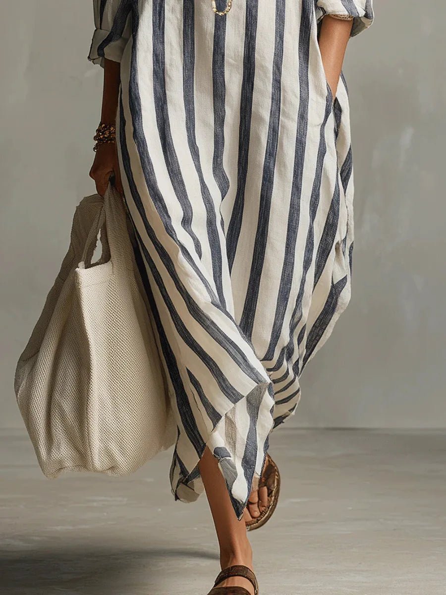 Dames Maxi Jurk met Streepprint, V-hals en Oversized Pasvorm