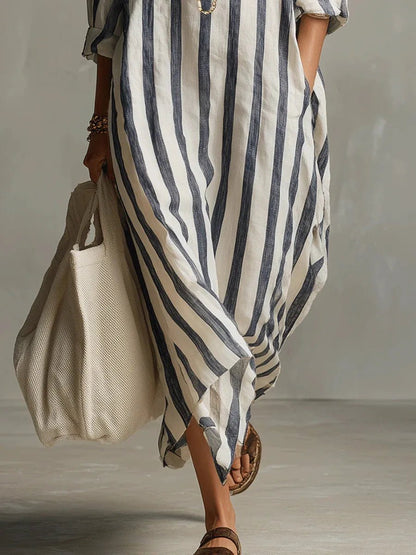 Dames Maxi Jurk met Streepprint, V-hals en Oversized Pasvorm