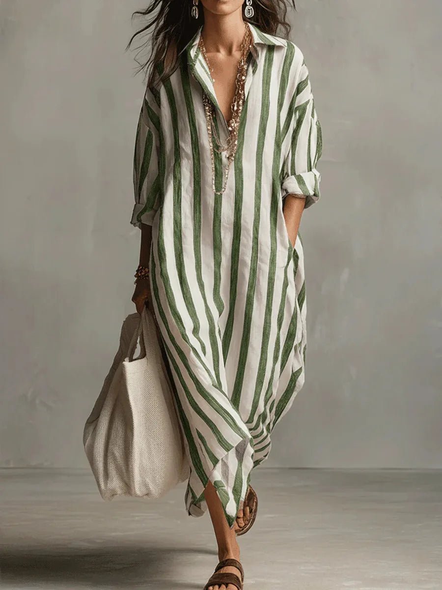 Dames Maxi Jurk met Streepprint, V-hals en Oversized Pasvorm Groen