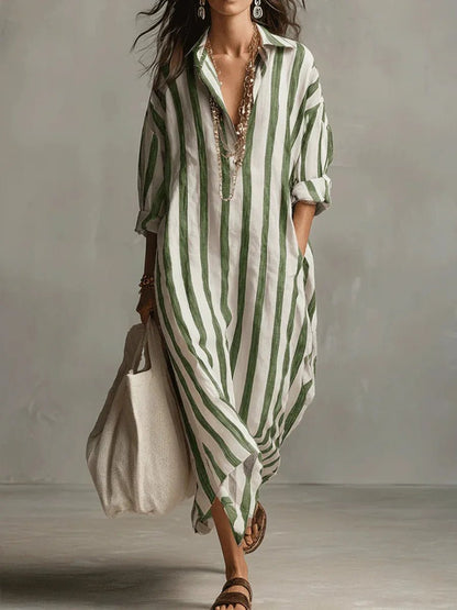 Dames Maxi Jurk met Streepprint, V-hals en Oversized Pasvorm Groen