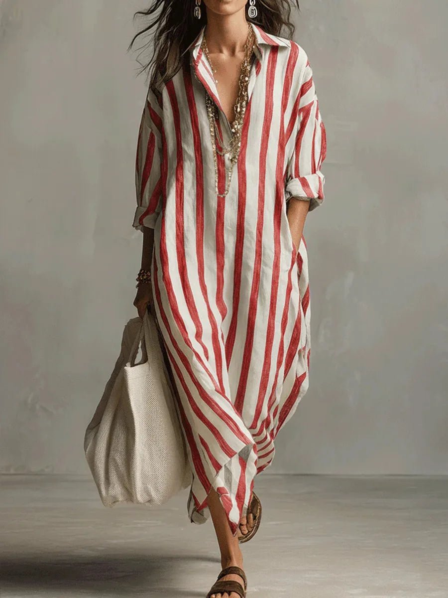 Dames Maxi Jurk met Streepprint, V-hals en Oversized Pasvorm Rood