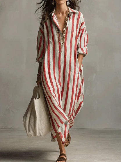 Dames Maxi Jurk met Streepprint, V-hals en Oversized Pasvorm Rood