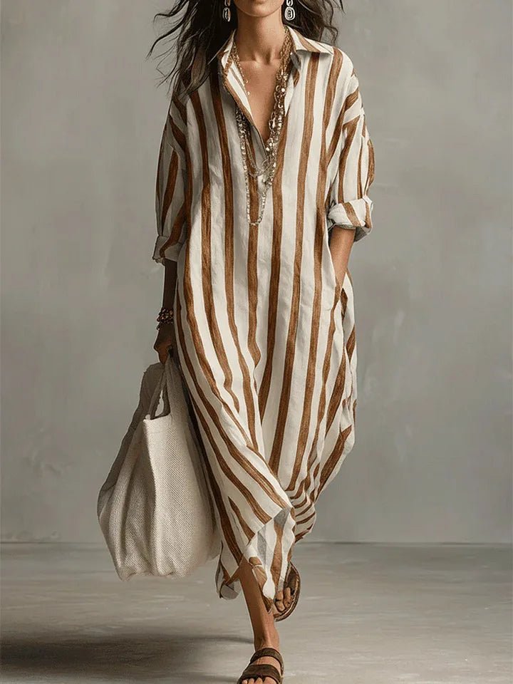 Dames Maxi Jurk met Streepprint, V-hals en Oversized Pasvorm Camel