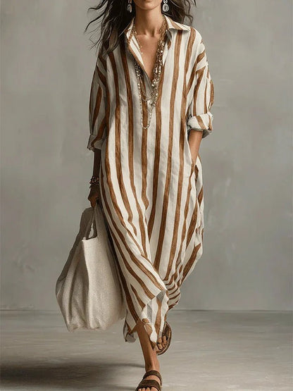 Dames Maxi Jurk met Streepprint, V-hals en Oversized Pasvorm Camel