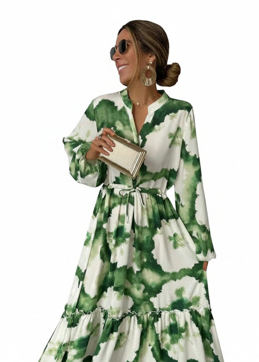 Dames Maxi Jurk met Tie-Dye Print, Lange Mouwen en Strikceintuur