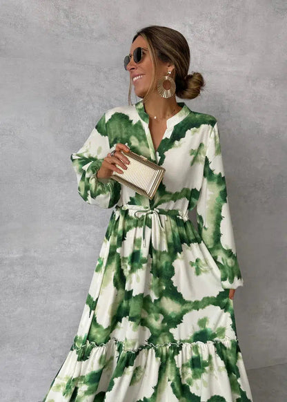 Dames Maxi Jurk met Tie-Dye Print, Lange Mouwen en Strikceintuur