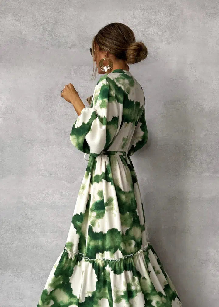 Dames Maxi Jurk met Tie-Dye Print, Lange Mouwen en Strikceintuur