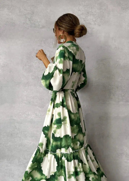 Dames Maxi Jurk met Tie-Dye Print, Lange Mouwen en Strikceintuur