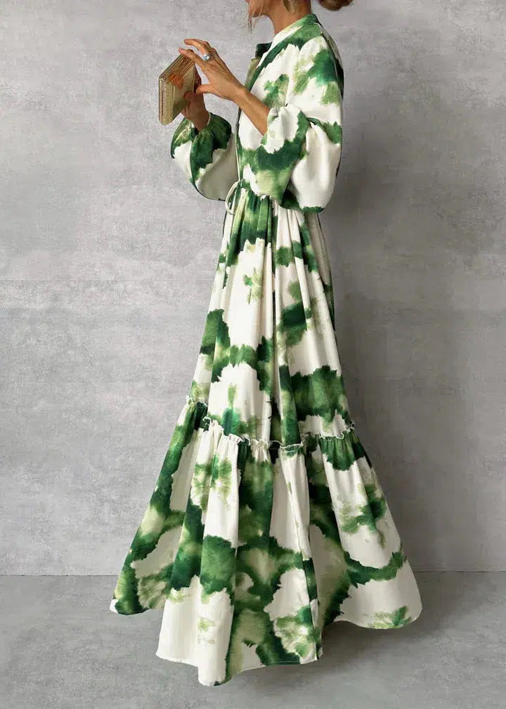 Dames Maxi Jurk met Tie-Dye Print, Lange Mouwen en Strikceintuur Groen Wit