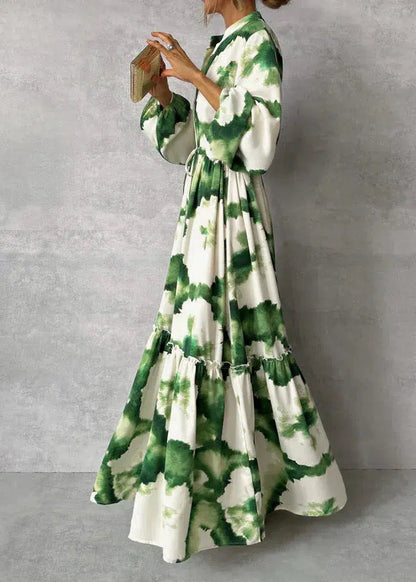 Dames Maxi Jurk met Tie-Dye Print, Lange Mouwen en Strikceintuur Groen Wit