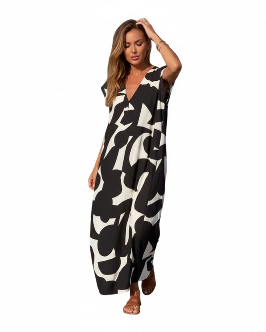 Dames Maxi Jurk met V-hals en Abstract Print Korte Mouw