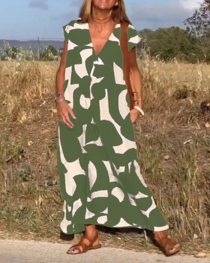 Dames Maxi Jurk met V-hals en Abstract Print Korte Mouw