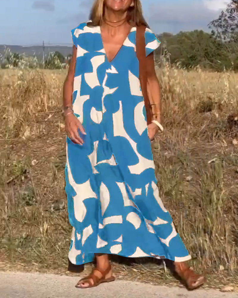 Dames Maxi Jurk met V-hals en Abstract Print Korte Mouw