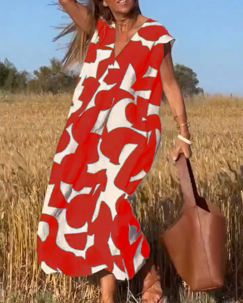 Dames Maxi Jurk met V-hals en Abstract Print Korte Mouw Rood