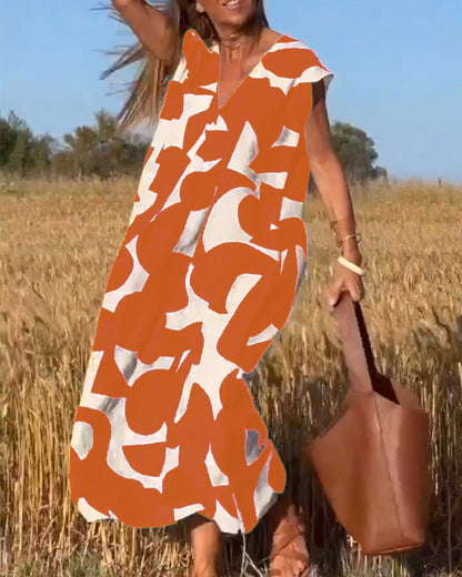 Dames Maxi Jurk met V-hals en Abstract Print Korte Mouw Oranje