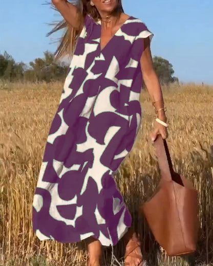 Dames Maxi Jurk met V-hals en Abstract Print Korte Mouw Paars