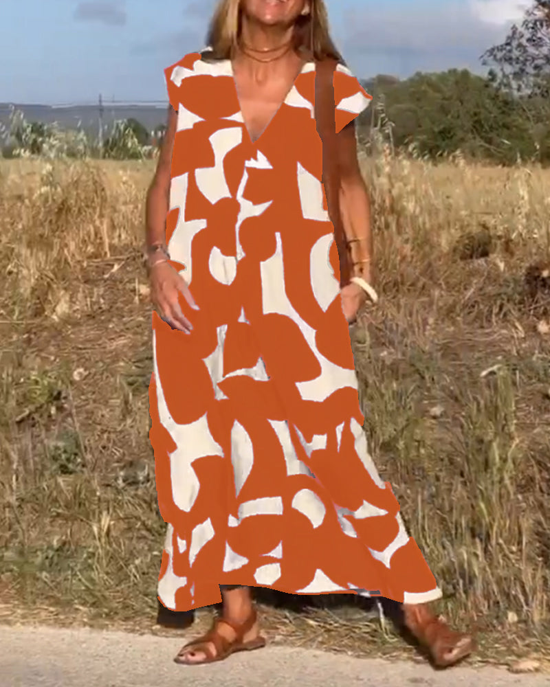 Dames Maxi Jurk met V-hals en Abstract Print Korte Mouw