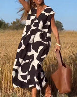 Dames Maxi Jurk met V-hals en Abstract Print Korte Mouw