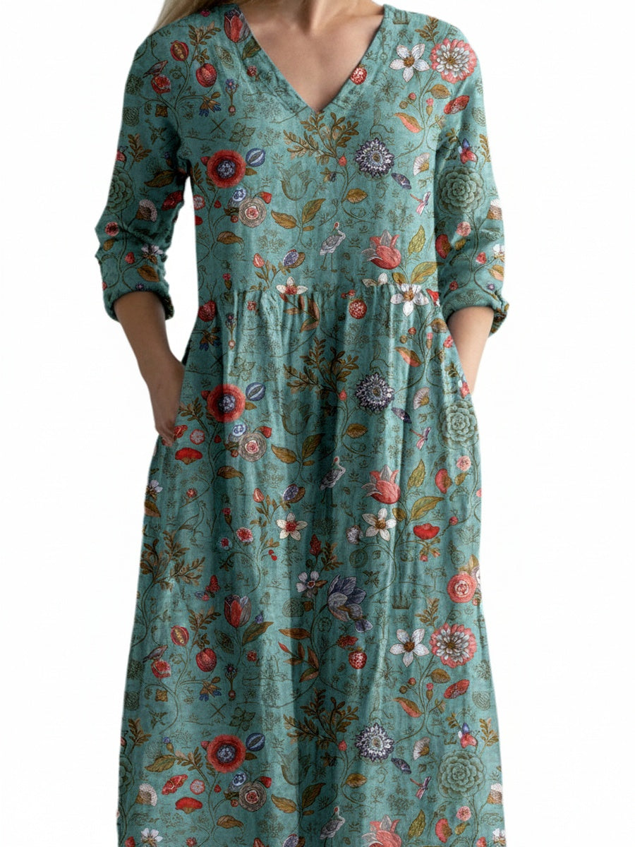 Dames Maxi Jurk met V-hals en Bloemenprint Driekwart Mouw