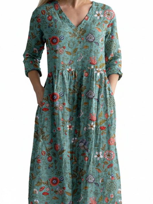 Dames Maxi Jurk met V-hals en Bloemenprint Driekwart Mouw