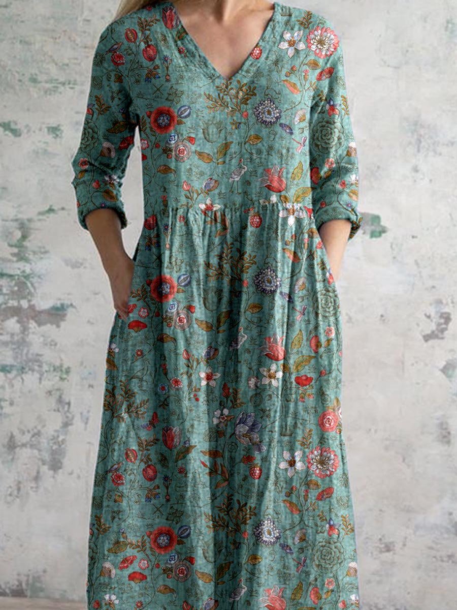 Dames Maxi Jurk met V-hals en Bloemenprint Driekwart Mouw