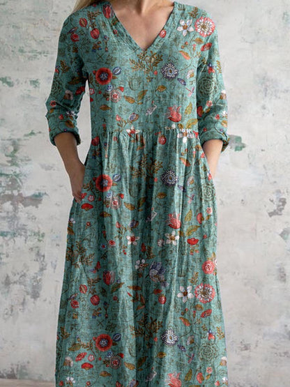 Dames Maxi Jurk met V-hals en Bloemenprint Driekwart Mouw