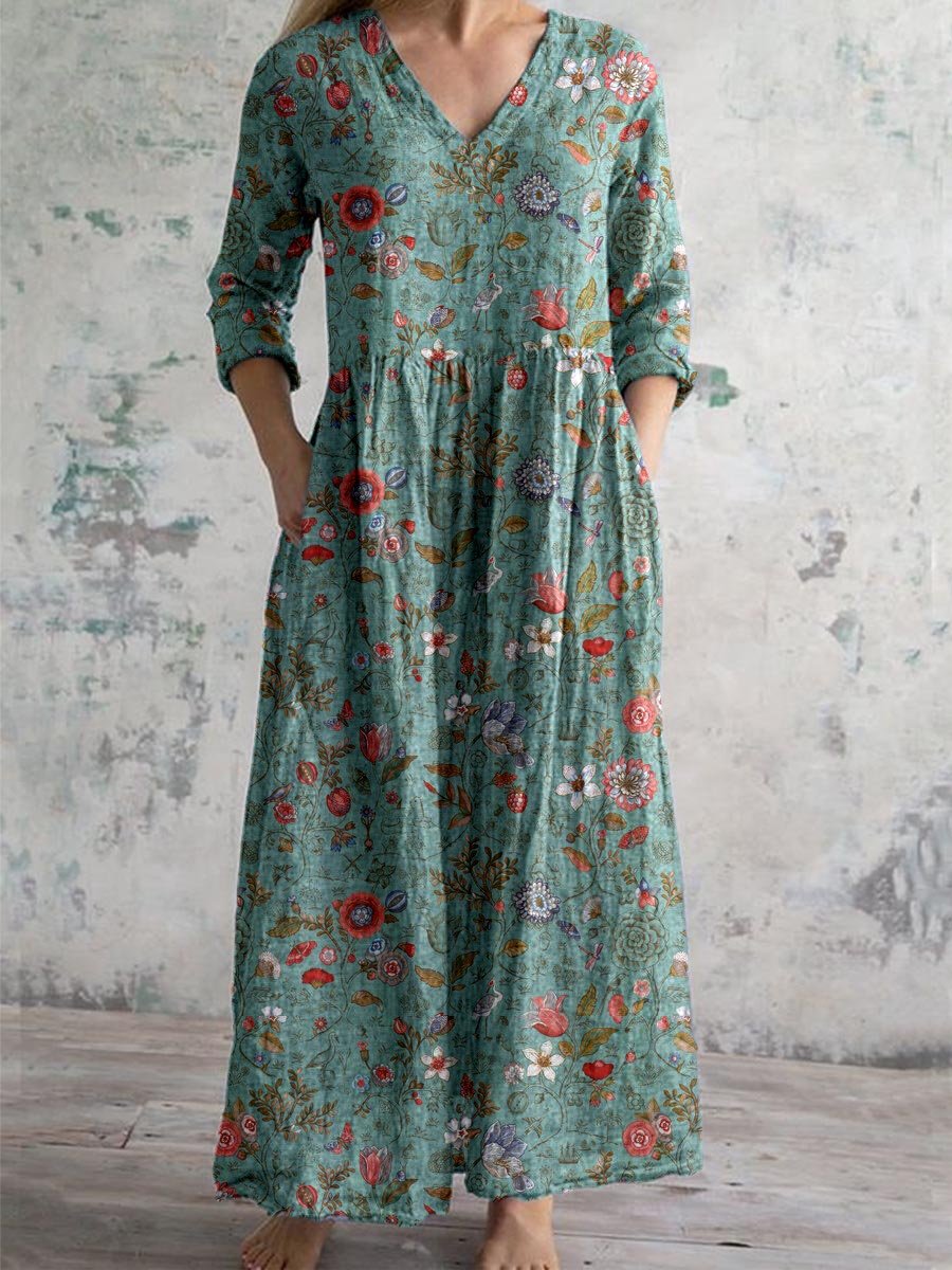 Dames Maxi Jurk met V-hals en Bloemenprint Driekwart Mouw Groen Rood Wit