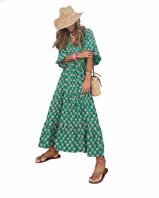 Dames Maxi Jurk met V-hals en Bloemenprint Oversized
