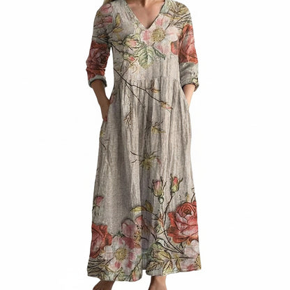 Dames Maxi Jurk met V-hals en Driekwart Mouw Bloemenprint